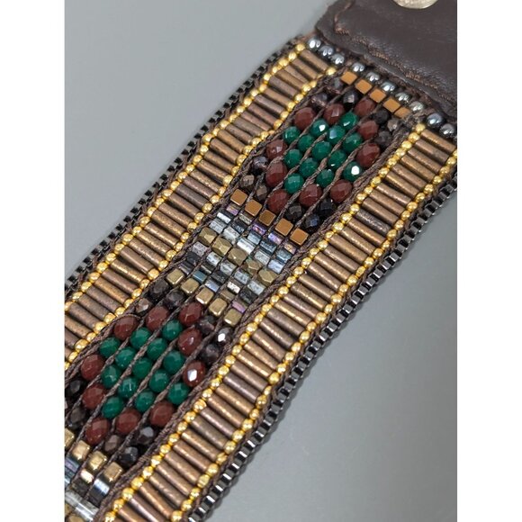 Nakamol Red Green Bead Brown Leather Snap Cuff Wide Bracelet 6.5" - Picture 5 of 9